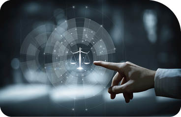 Hand clicks on scales of justice. Concepts of legal services and justice.