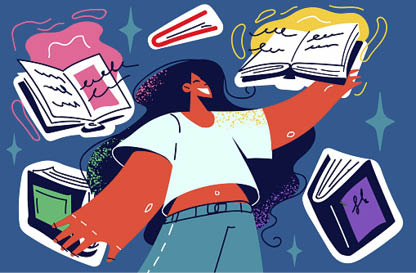 Happy girl student surrounded with books enjoy education in college or university. Smiling woman taking educational course in school. Learning concept. Vector illustration.