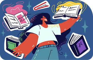 Happy girl student surrounded with books enjoy education in college or university. Smiling woman taking educational course in school. Learning concept. Vector illustration.