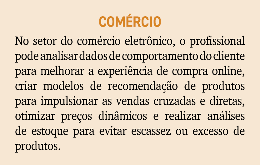 Com rcio No setor do com rcio eletr nico, o profissional pode analisar dados de comportamento do cliente para melhora...