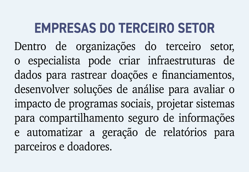 Empresas do terceiro setor Dentro de organiza es do terceiro setor, o especialista pode criar infraestruturas de dad...
