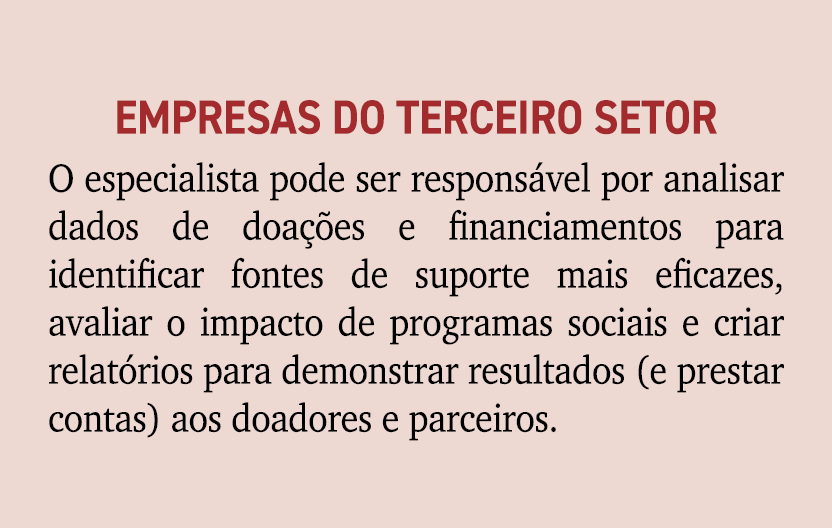 Empresas do terceiro setor O especialista pode ser respons vel por analisar dados de doa es e financiamentos para id...