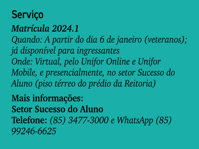 Servi o Matr cula 2024.1 Quando: A partir do dia 6 de janeiro (veteranos); j dispon vel para ingressantes Onde: Virt...