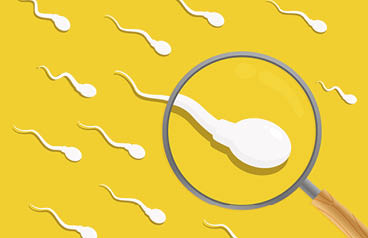 Sperm. Spermatozoa and a magnifying glass. Sperm analysis. Spermogram. Semen. Vector illustration.