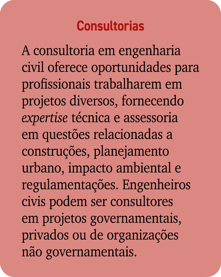 Consultorias A consultoria em engenharia civil oferece oportunidades para profissionais trabalharem em projetos diver...