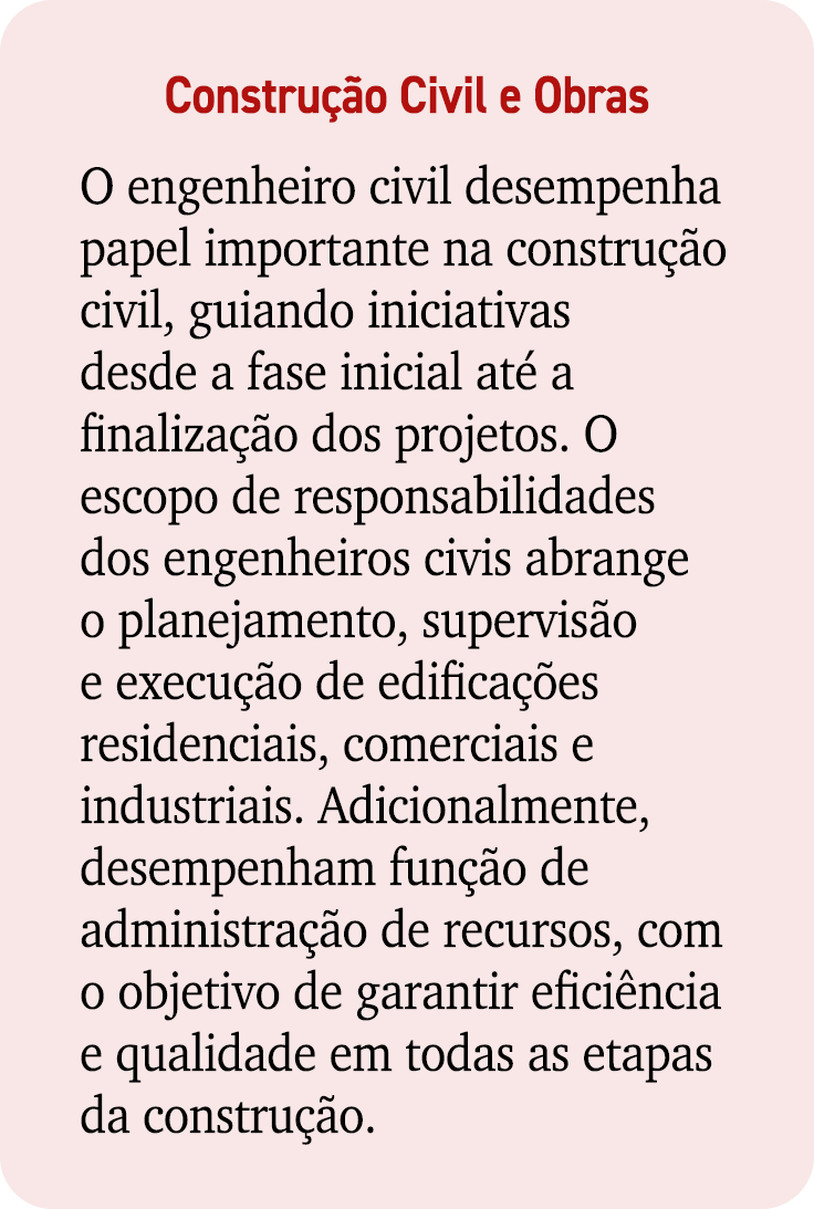 Constru o Civil e Obras O engenheiro civil desempenha papel importante na constru  o civil, guiando iniciativas desd...