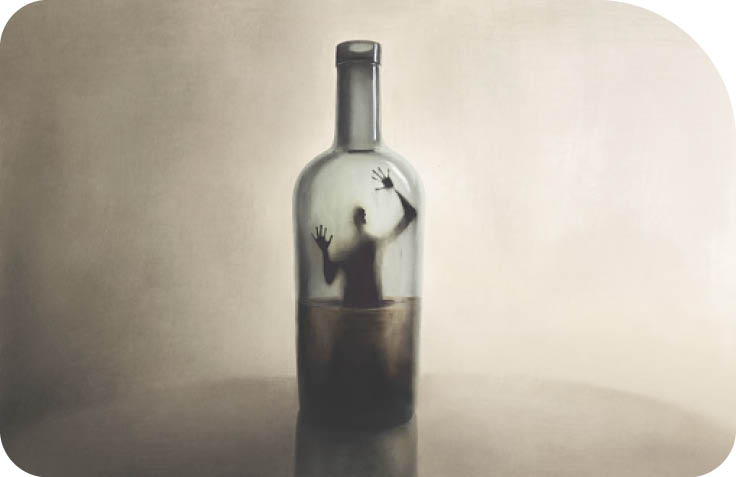 Illustration of man imprisoned in a bottle of alcohol, surreal addiction abstract concept
