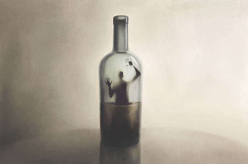 Illustration of man imprisoned in a bottle of alcohol, surreal addiction abstract concept