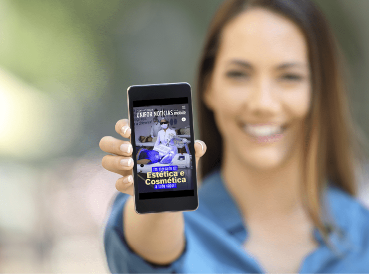 Girl hand showing a phone screen mock up on the street