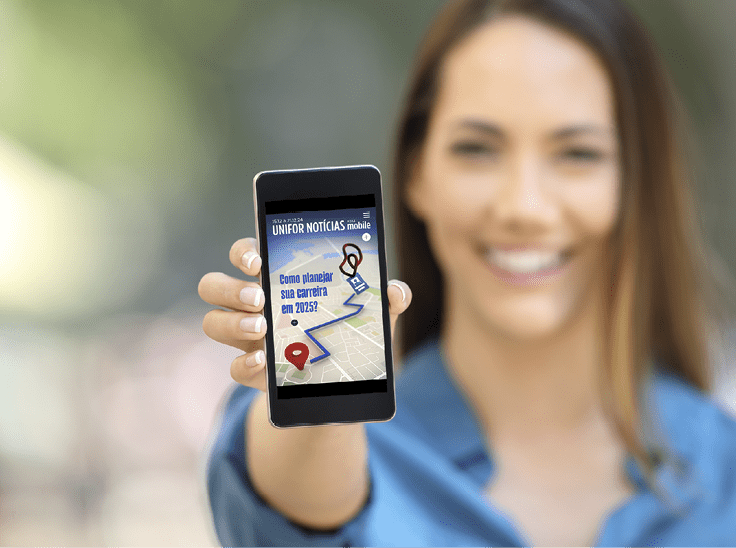 Girl hand showing a phone screen mock up on the street