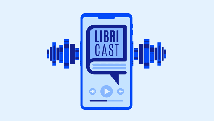 Um celular azul com a palavra “LIBRI CAST" na tela e ondas sonoras estilizadas ao redor, sugerindo um aplicativo de podcast ou audiolivro. Description generated by AI