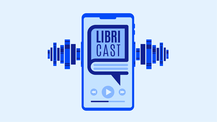 Um celular azul com a palavra “LIBRI CAST" na tela e ondas sonoras estilizadas ao redor, sugerindo um aplicativo de podcast ou audiolivro. Description generated by AI