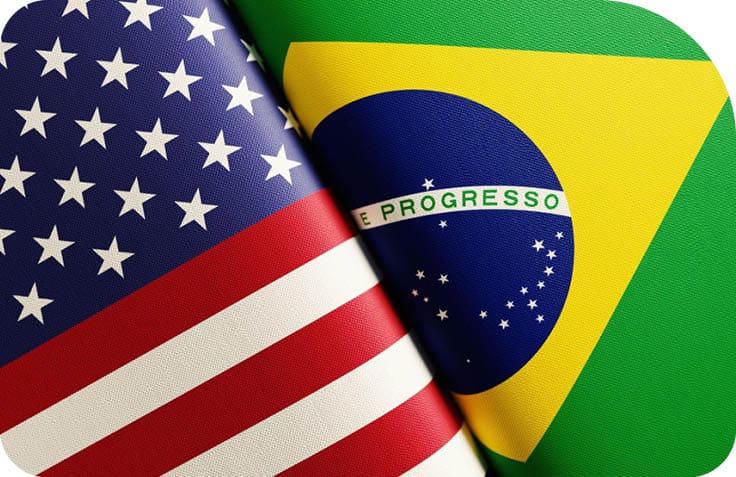 Bandeiras dos Estados Unidos e do Brasil lado a lado com as bordas arredondadas. Description generated by AI