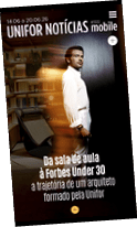 Pessoa vestindo roupa branca est em p  em ambiente interno com estante de livros ao fundo e texto sobre trajet ria de arquiteto formado pela Unifor na capa de revista digital.  Description generated by AI