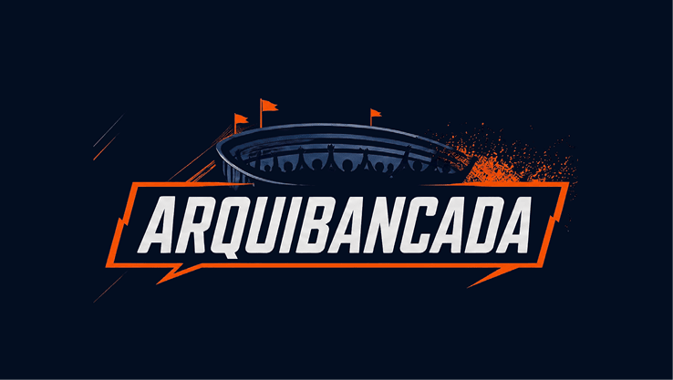 Logo estilizado com a palavra “ARQUIBANCADA" em destaque sobre um fundo escuro com a silhueta de uma arquibancada de est dio e bandeiras laranjas. Description generated by AI