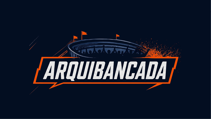 Logotipo estilizado com a palavra “ARQUIBANCADA" em destaque sobre um fundo escuro com a silhueta de uma arquibancada de est dio e bandeiras laranjas. Description generated by AI
