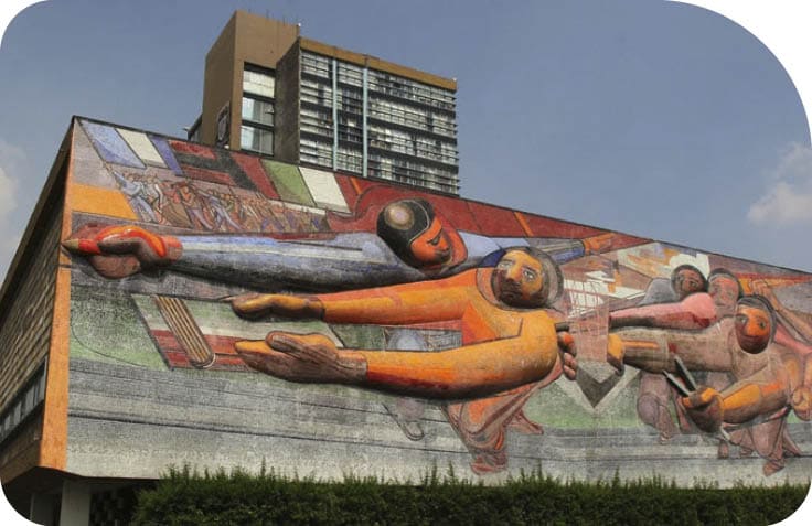 Mural colorido em estilo moderno retrata v rias pessoas em movimento com bra os estendidos em um cen rio urbano com pr dio ao fundo. Description generated by AI
