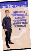 Pessoa adulta vestindo roupa social escura ao lado de texto sobre transforma o do mercado e protagonismo dos alunos na nova gera  o de finan as em fundo bege com elementos gr ficos.  Description generated by AI
