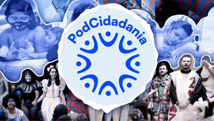 Colagem em tons de azul com v rias pessoas em atividades diversas ao redor do logo central do PodCidadania. Description generated by AI