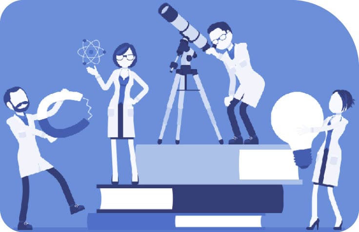 Quatro pessoas vestindo jalecos brancos interagem com objetos cient ficos como um m  gigante, um  tomo, um telesc pio e uma l mpada, enquanto est o sobre pilhas de livros em um fundo azul.  Description generated by AI