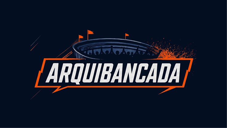 Logo estilizado com a palavra “ARQUIBANCADA" em letras mai sculas brancas e laranja, com uma arquibancada de est dio ao fundo e bandeiras laranjas no topo. Description generated by AI