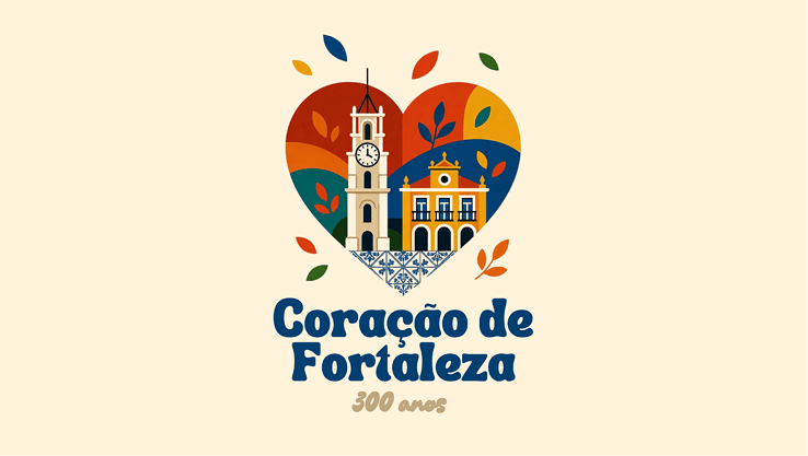 Ilustra o colorida em formato de cora  o com pr dios hist ricos e folhas ao redor acompanhada do texto Cora  o de Fortaleza 300 anos.  Description generated by AI