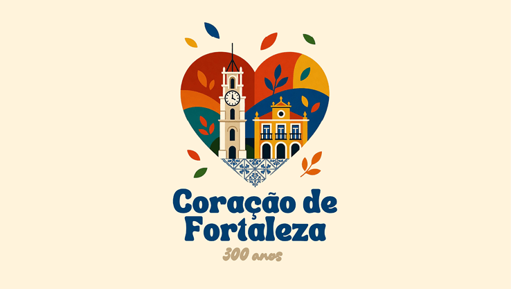 Ilustra o colorida em formato de cora  o com pr dios hist ricos e folhas ao redor acompanhada do texto Cora  o de Fortaleza 300 anos.  Description generated by AI