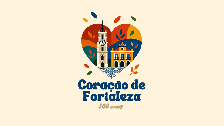 Ilustra o colorida em formato de cora  o com elementos arquitet nicos e folhagens ao redor acompanhada do texto Cora  o de Fortaleza 300 anos.  Description generated by AI