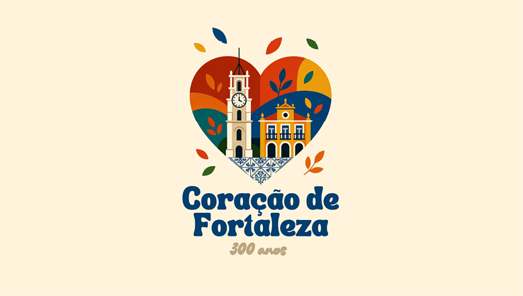 Ilustra o colorida em formato de cora  o com pr dios hist ricos e folhas ao redor acompanhada do texto Cora  o de Fortaleza 300 anos.  Description generated by AI