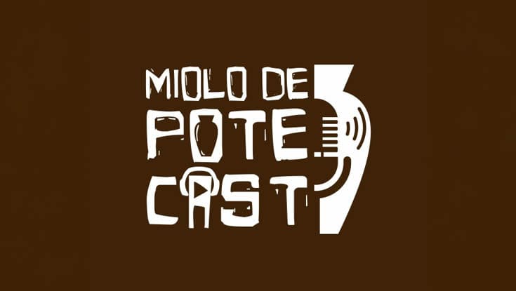 Texto estilizado em branco sobre fundo marrom que diz “Miolo de Pote" com elementos gr ficos integrados s letras.  Description generated by AI