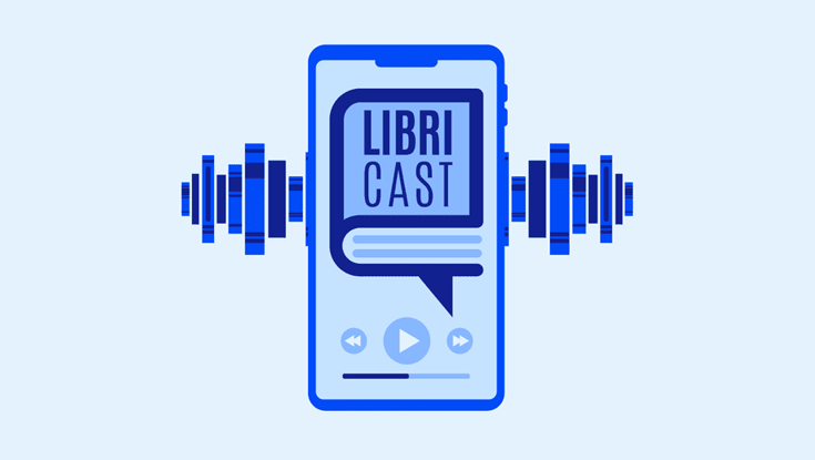 Um celular azul com a palavra “LIBRI CAST" na tela e ondas sonoras estilizadas saindo dos lados, representando um podcast ou audiolivro. Description generated by AI