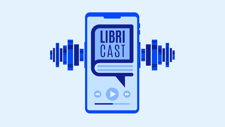 Um celular azul com a palavra “LIBRI CAST" na tela e ondas sonoras estilizadas ao redor, sugerindo um podcast ou audiolivro. Description generated by AI