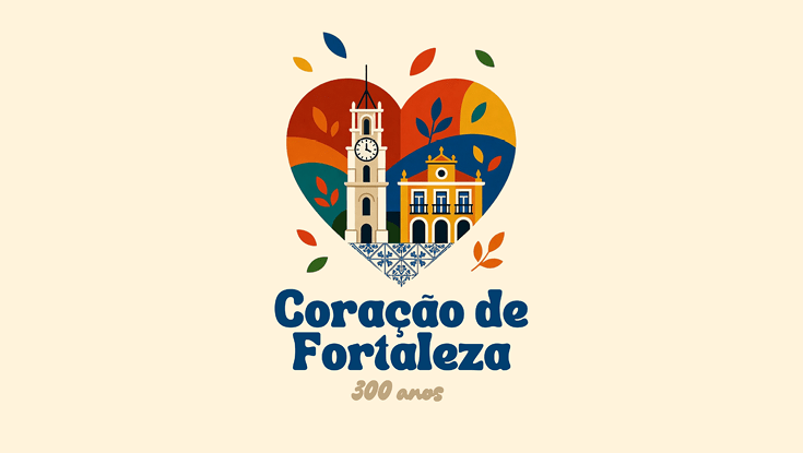 Ilustra o colorida em formato de cora  o com elementos arquitet nicos e folhagens ao redor, acompanhada do texto Cora  o de Fortaleza 300 anos.  Description generated by AI