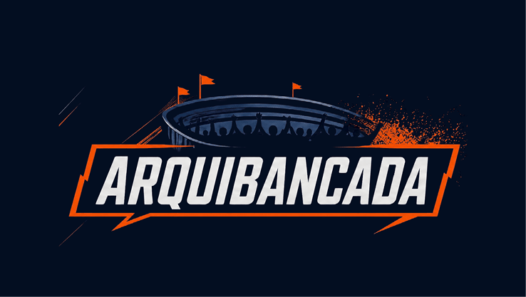 Logotipo estilizado com a palavra “ARQUIBANCADA" em letras mai sculas brancas com contorno laranja sobre um fundo escuro, acompanhado da ilustra o de uma arquibancada com bandeiras laranjas.  Description generated by AI