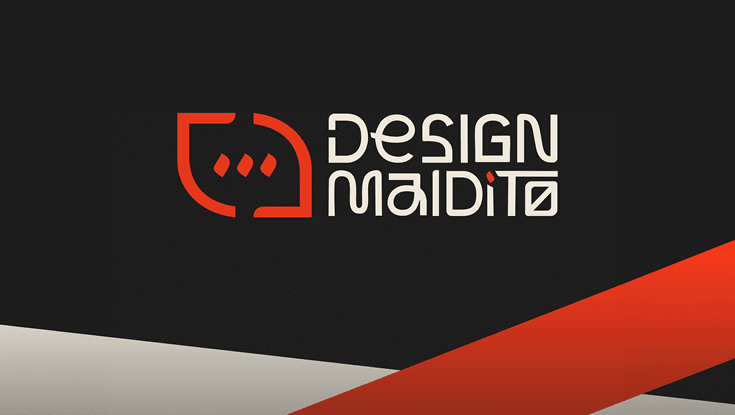 Logotipo estilizado com texto “Design Maldito" em branco e vermelho sobre fundo preto com faixas diagonais vermelha e cinza. Description generated by AI