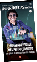 Pessoa sorridente com culos e cabelo cacheado segura um tablet hologr fico com gr ficos financeiros em um fundo tecnol gico, ilustrando a trajet ria de Jefferson Ryan nas finan as para a revista Unifor Not cias mobile.  Description generated by AI
