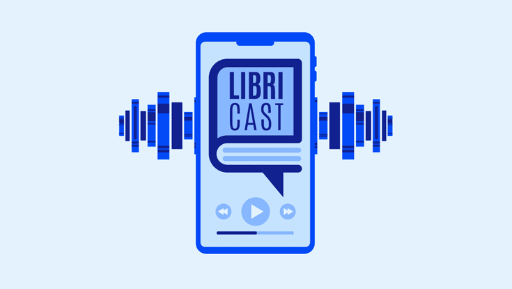 Um desenho estilizado de um smartphone azul com a palavra “LIBRI CAST" na tela e ondas sonoras ao redor, sugerindo um aplicativo de podcast ou audiolivro. Description generated by AI