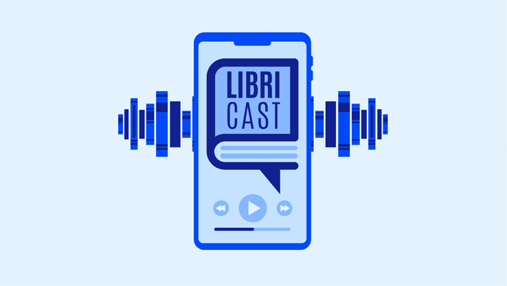 Um celular azul com um cone de livro e ondas sonoras ao redor representando um podcast chamado LibriCast.  Description generated by AI