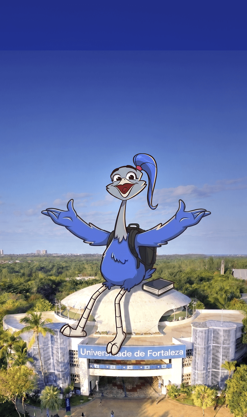 Um personagem animado azul com mochila est sentado com os bra os abertos sobre a entrada do pr dio da Universidade de Fortaleza em um dia claro.  Description generated by AI