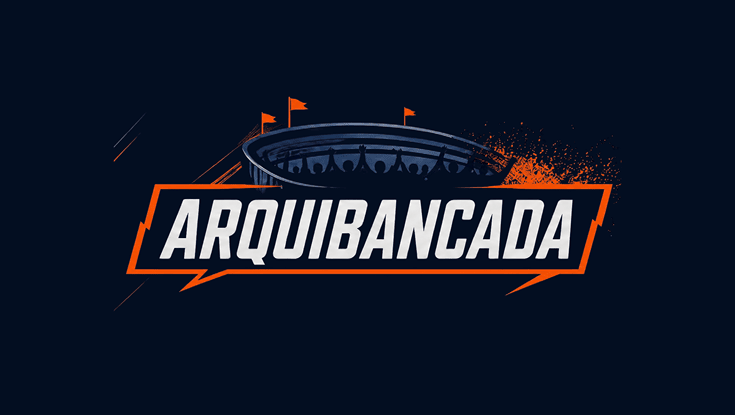 Logotipo estilizado com a palavra “ARQUIBANCADA" em letras mai sculas brancas com contorno laranja e uma arquibancada com pessoas e bandeiras ao fundo em um fundo escuro. Description generated by AI