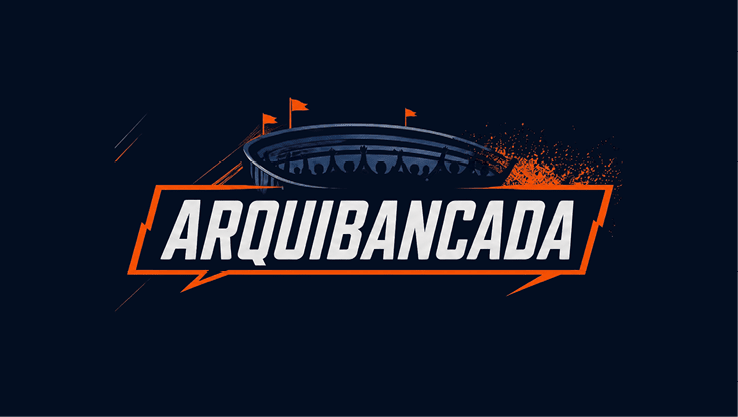 Logo estilizado com a palavra “ARQUIBANCADA" em letras mai sculas brancas com contorno laranja, acompanhada de uma ilustra o de arquibancada com pessoas e bandeiras laranjas ao fundo.  Description generated by AI