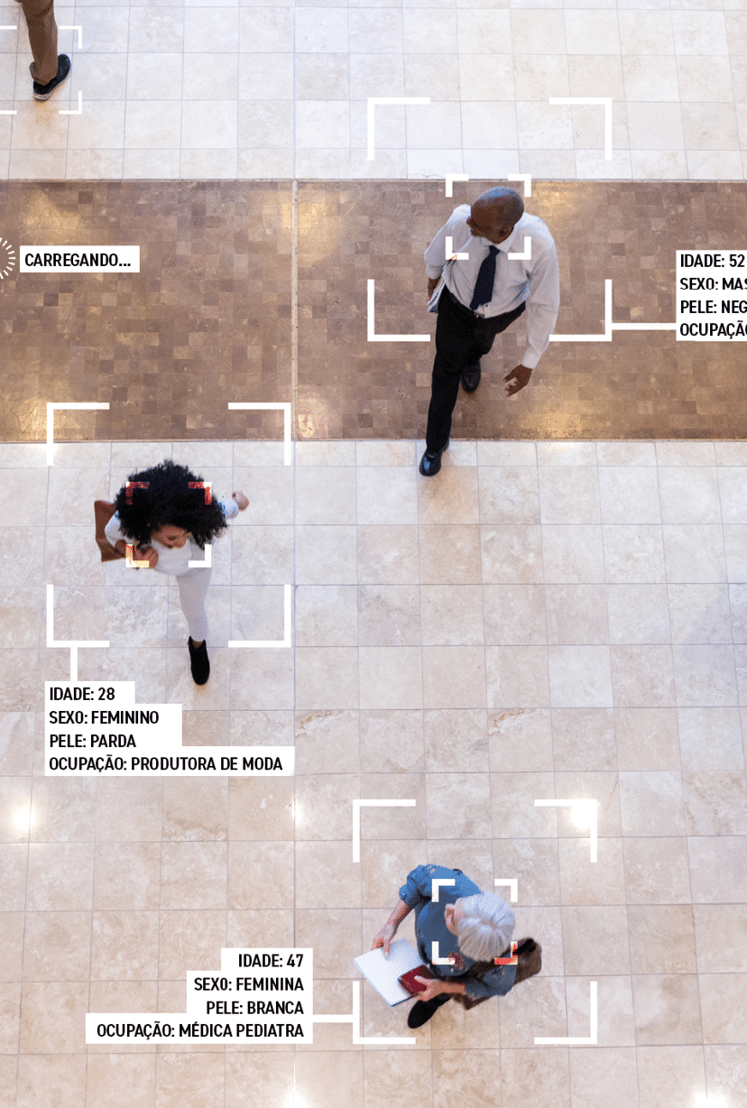 While walking through an office lobby, diverse group of business professionals are identified by facial recognition technology, The information includes personal as well as professional information 