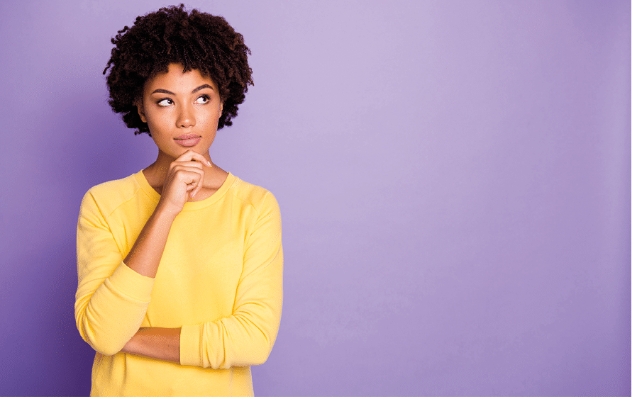 Portrait of her she nice attractive charming lovely creative wavy-haired girl creating strategy brainstorming isolated over violet purple, lilac pastel color background