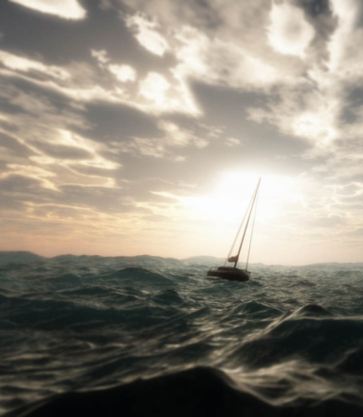 Lost sailing boat in wild stormy ocean  Cloudy sky 