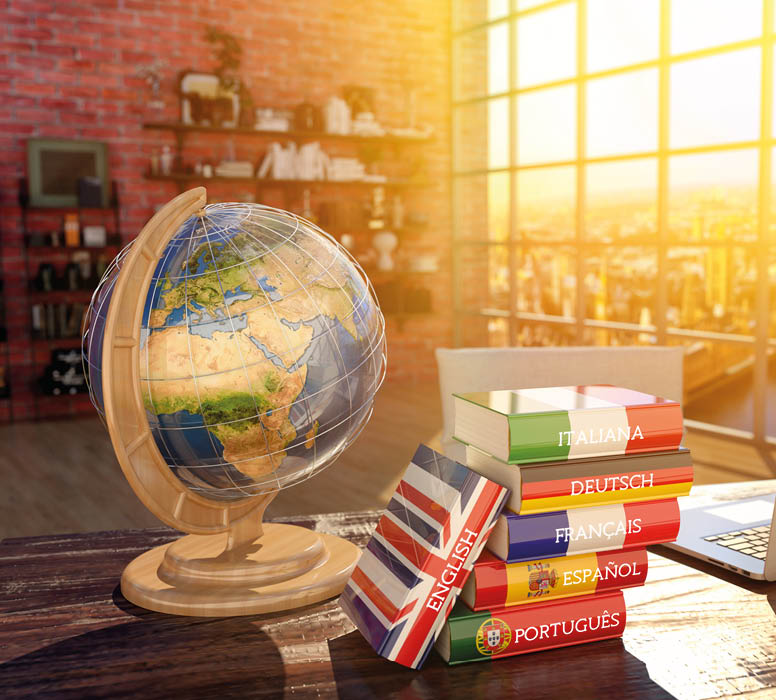 Books with covers in colors of flags of Europe countries, laptop and globe on a table in a modern interior Source page for the map texture: http:  visibleearth nasa gov view php id 57730