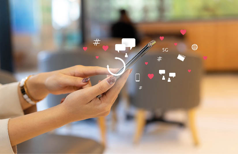 close up on man hand pressing on smartphone to working about futuristic of social media marketing icon for internet network technology and business marketing concept