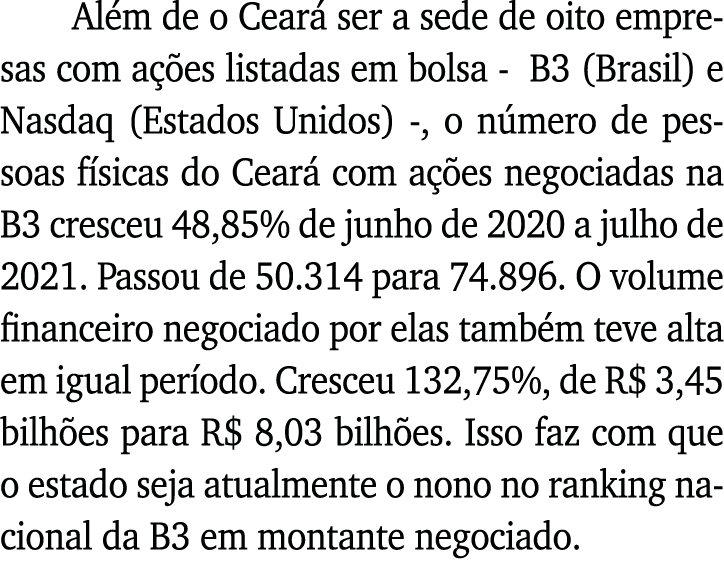 Além de o Ceará ser a sede de oito empresas com ações listadas em bolsa - B3 (Brasil) e Nasdaq (Estados Unidos) -, o    