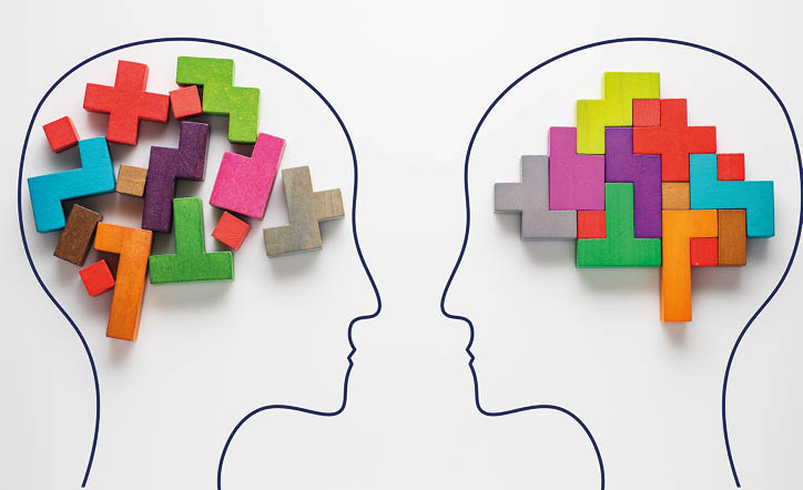 The concept of rational and irrational thinking of two people  Heads of two people with colourful shapes of abstract brain for concept of idea and teamwork  Two people with different thinking 