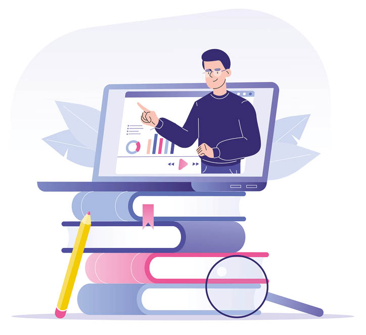 Online education or business training concept  Online man mentor on laptop with books  Distance education during coronavirus quarantine  Webinar or video seminar  E learning  Vector illustration