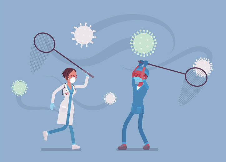 Doctors, health care workers catching virus with a butterfly net  Physicians, nurses, medical staff struggling to protect people and prevent spread of disease  Vector flat style cartoon illustration